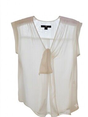 Ivory Cream Chiffon Blouse With Pushy Kittykat Bow Detail 80's Vibe Size Small